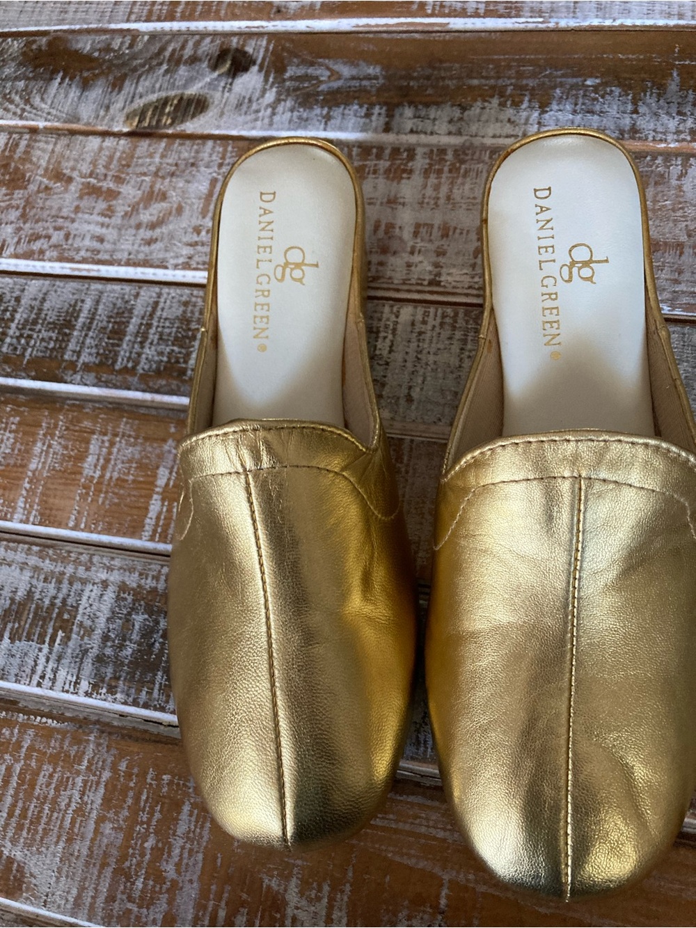 Daniel Green Gold Metallic Leather Slip-On Mules